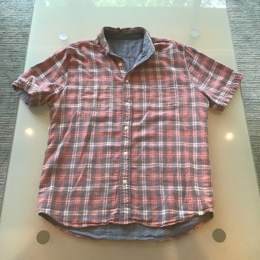 Faherty Brand Reversible Short Sleeve Plaid Chambray Button Down Shirt Red L